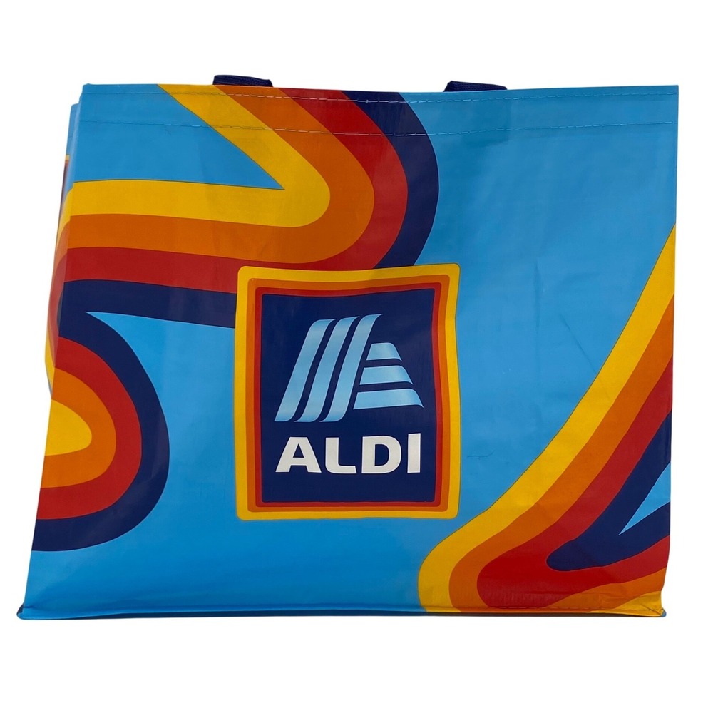 NEW Aldi Reusable Grocery Tote Bag‎ Retro Blue Multi Color Swirl Shopping Bag